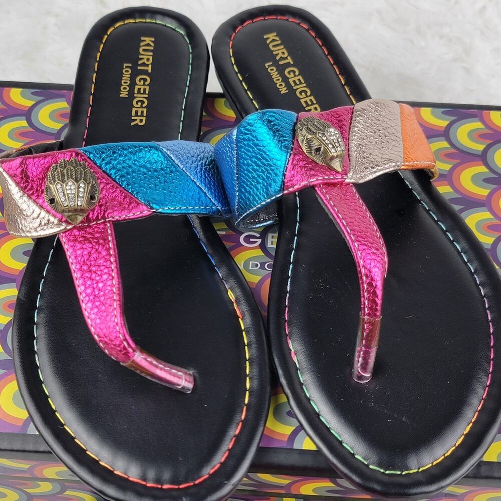 Women Sz 8 Thong Flat Sandals Designer Colorful Metallic Rainbow Slippers Slides